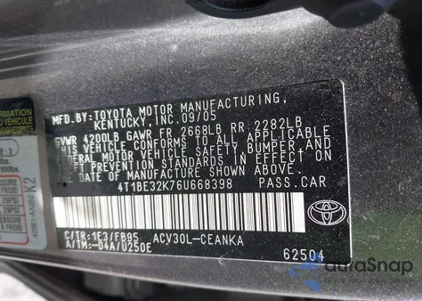 2006 Toyota Camry Le from USA, damaged, VIN 4T1BE32K76U668398